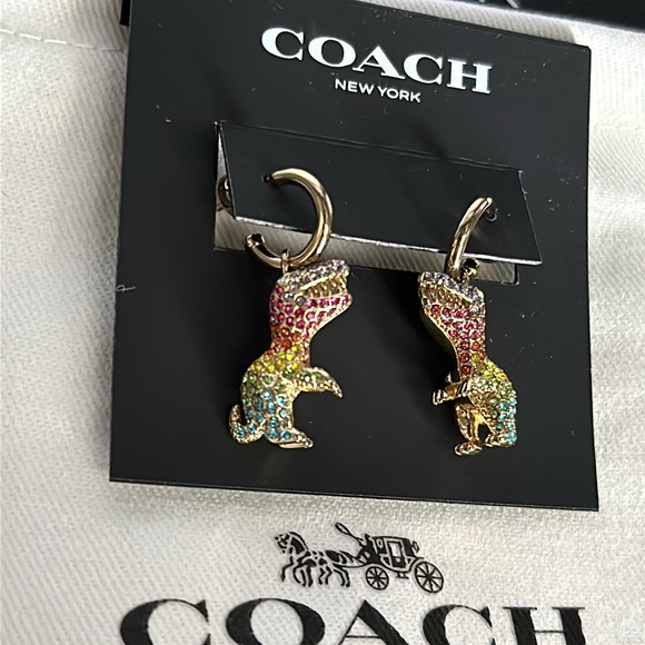 Coach Rexy Pavé Rexy Huggie Earrings Rainbow Crystal Gold Dangle Dinosaur Hoops - Picture 3 of 7